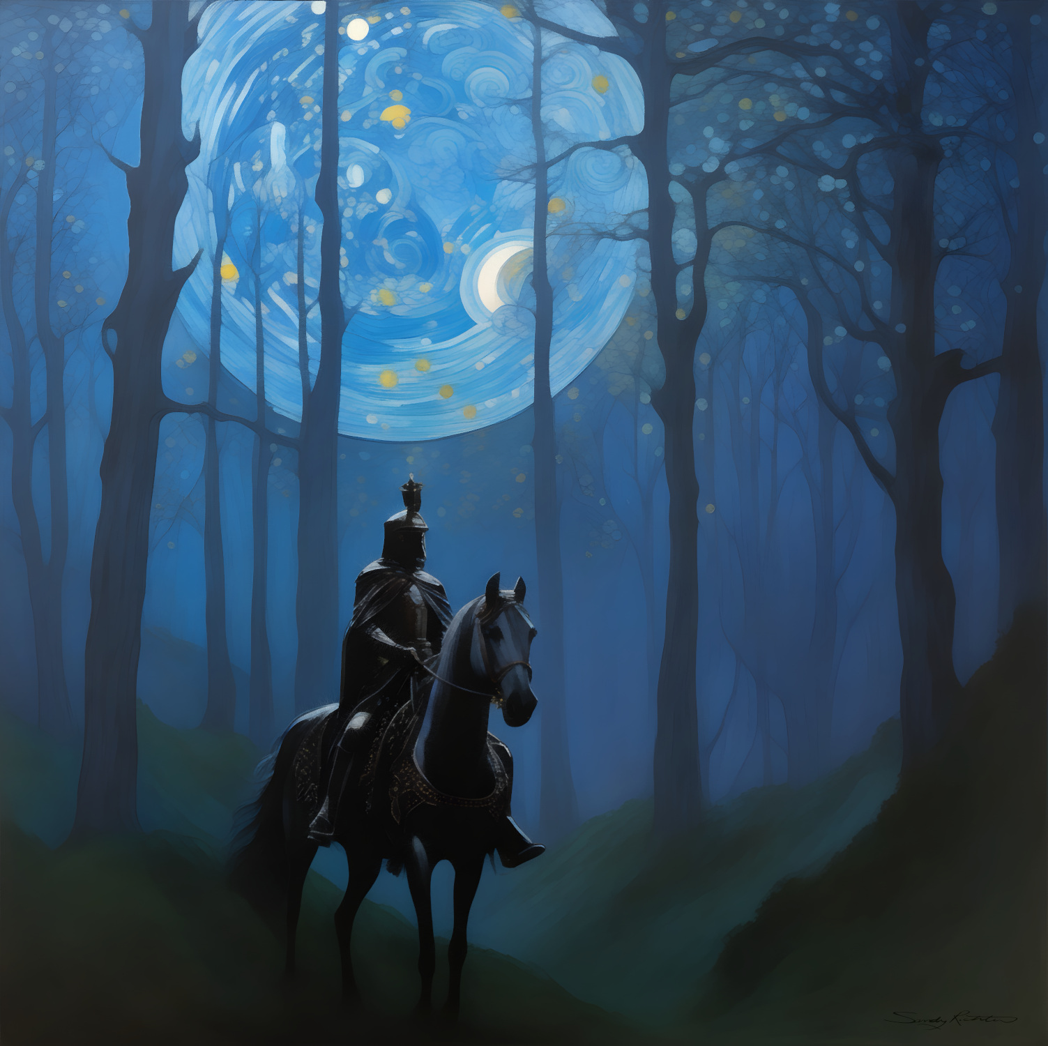 Mysterious Black Knight in the Moonlit Forest Discover the secrets that lie within the shadows 