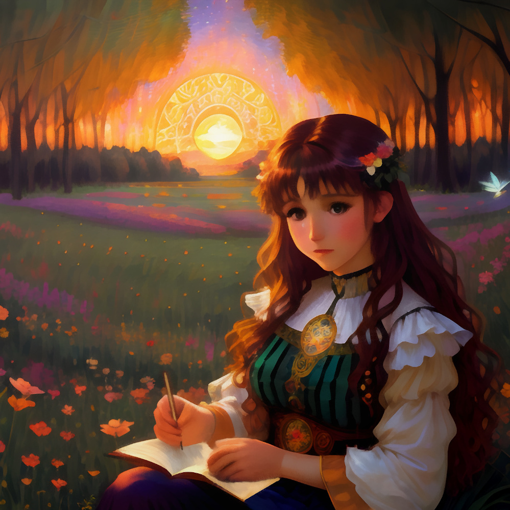 Cute Sad Anime Style Woman in Meadow at Sunset Finding beauty in sadness