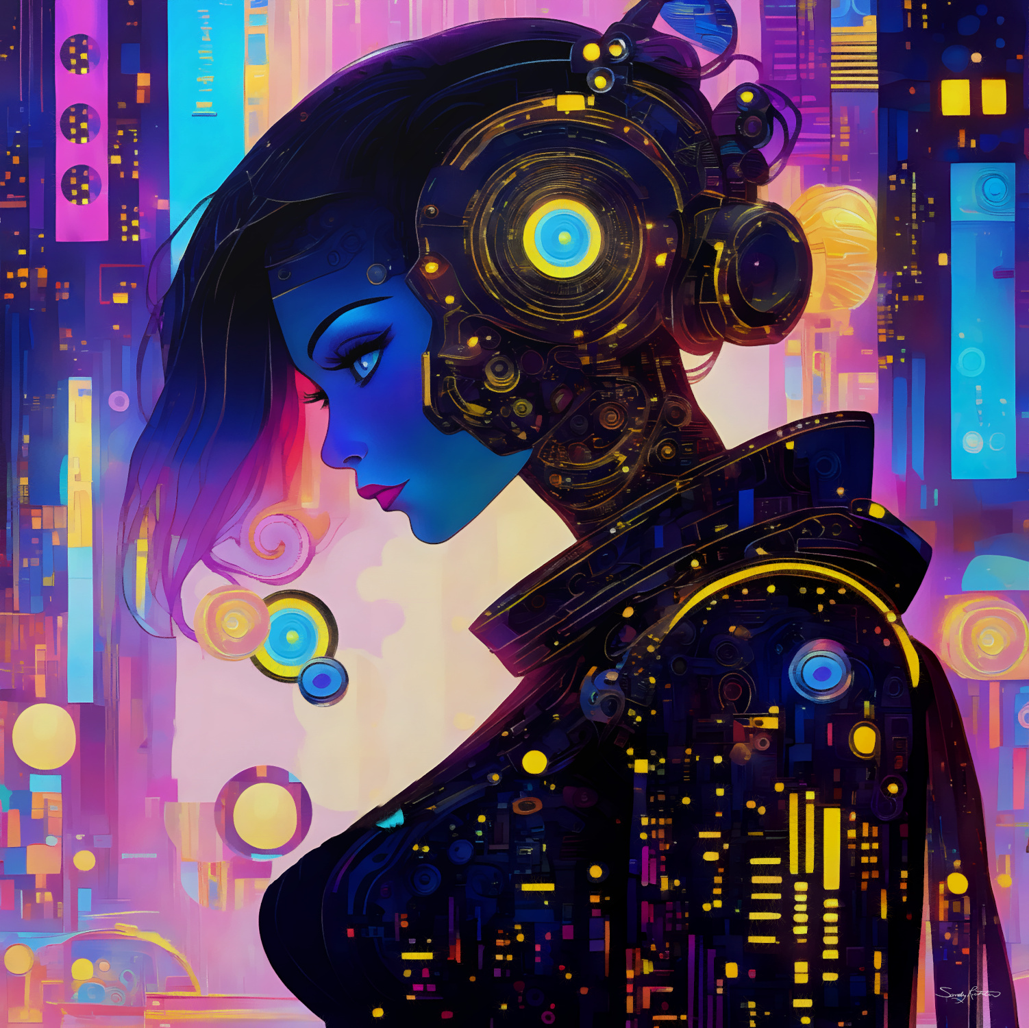 Beautiful Neon Vaporwave Cyberpunk Cyborg Girl Painting Embrace the neon future with this stunning cyborg masterpiece 💥