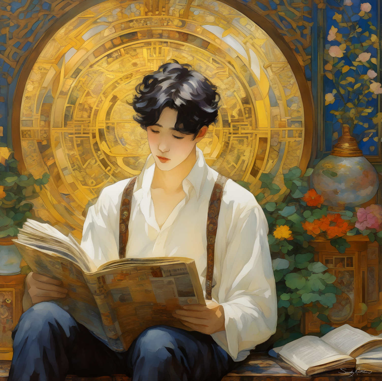 Vintage Style Dark Academia Teen Boy at Study Painting Step into the world of dark academia with this vintage-style painting of a studious boy 🎨