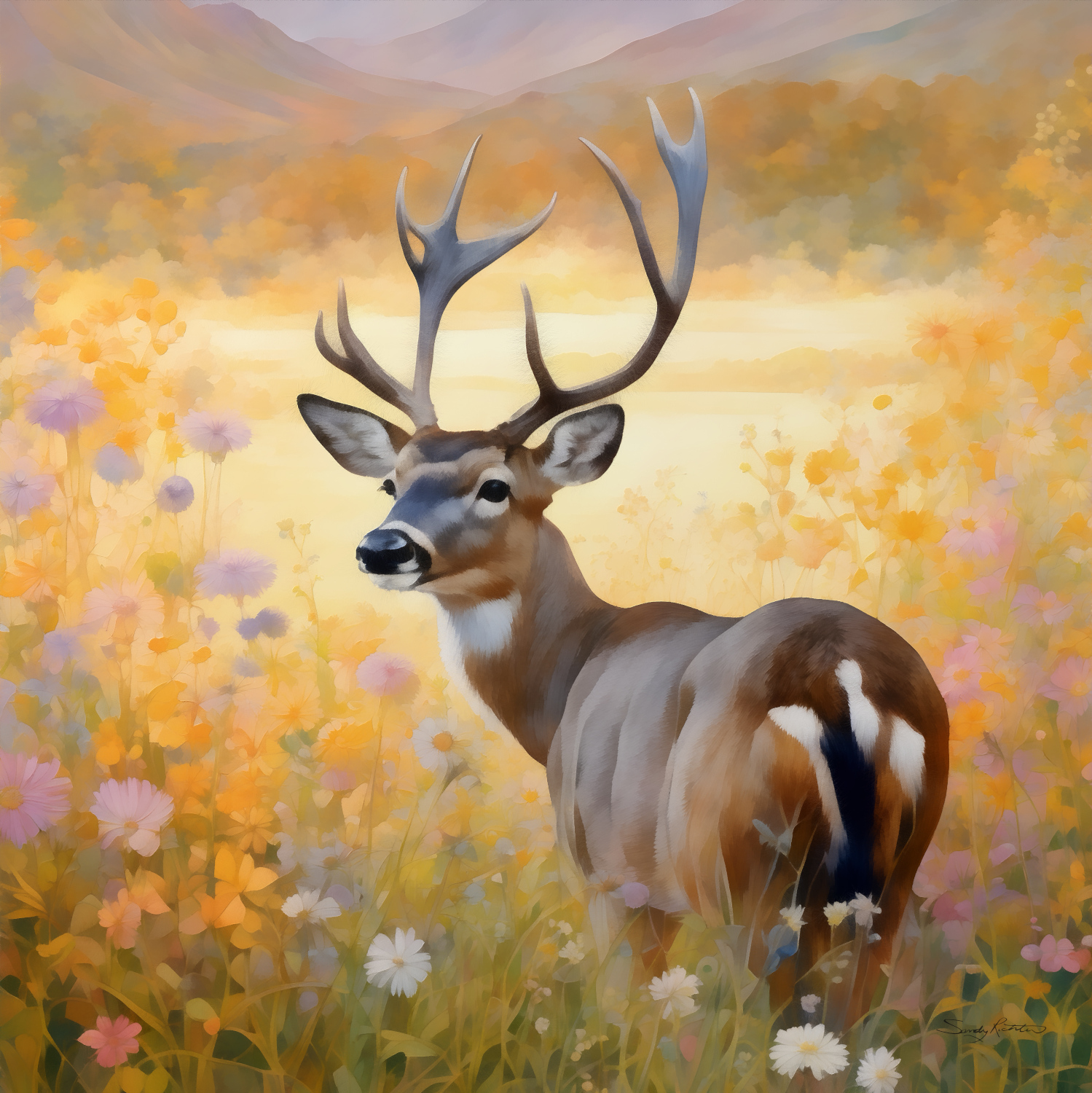Majestic Young Deer in Wildflowers Painting Nature's beauty captured in paint 🎨🌸🦌
