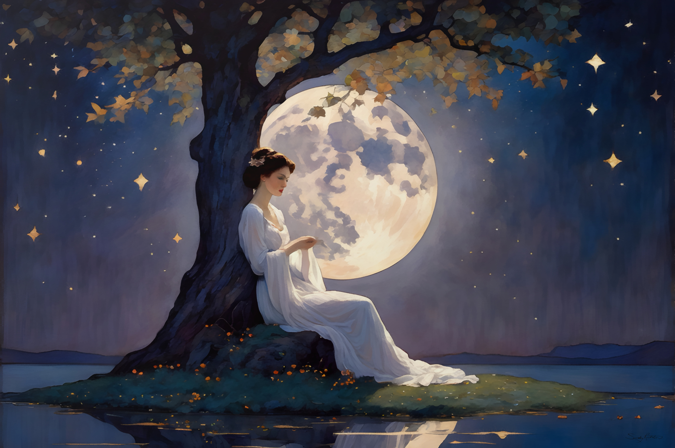 Beautiful Woman Relaxing under the Full Moon Painting Bask in the serene glow of the full moon with this beautiful painting 🌕✨