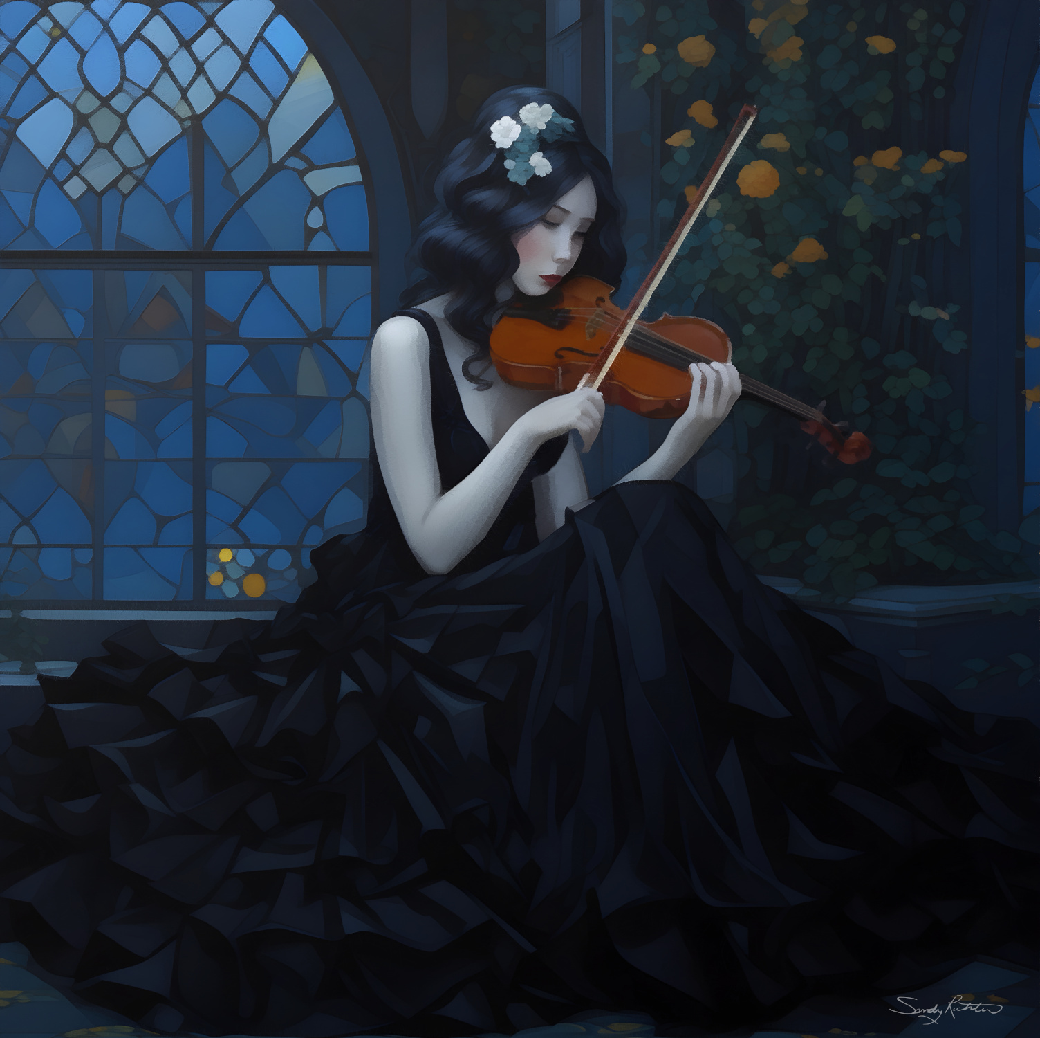 Dark Academy Girl with Violin in Musical Meditation Painting Lost in the melody 🎶