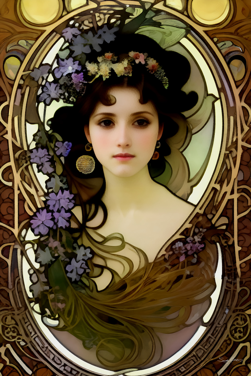 Elegant Mucha Style Portrait of a Beautiful Woman Who needs a time machine when you can bring the beauty of the past to life on canvas? 