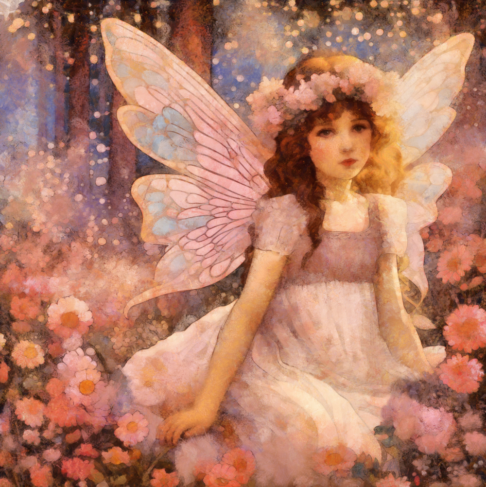 Fairy Girl in Enchanted Flower Garden Vintage Style Pastel Fantasy Artwork