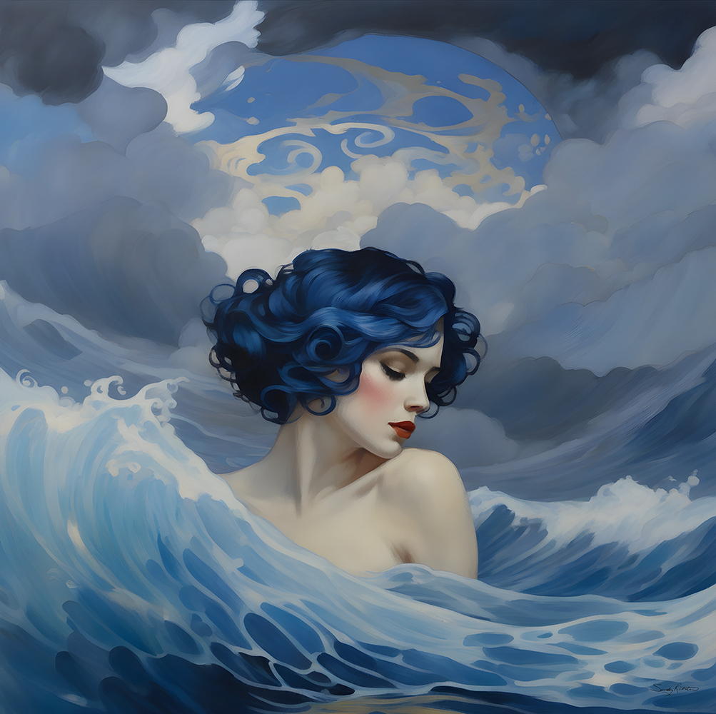 Mystical Ocean Goddess with Blue Hair in Surreal Dreamlike Wave Art Surreal Ocean Fantasy