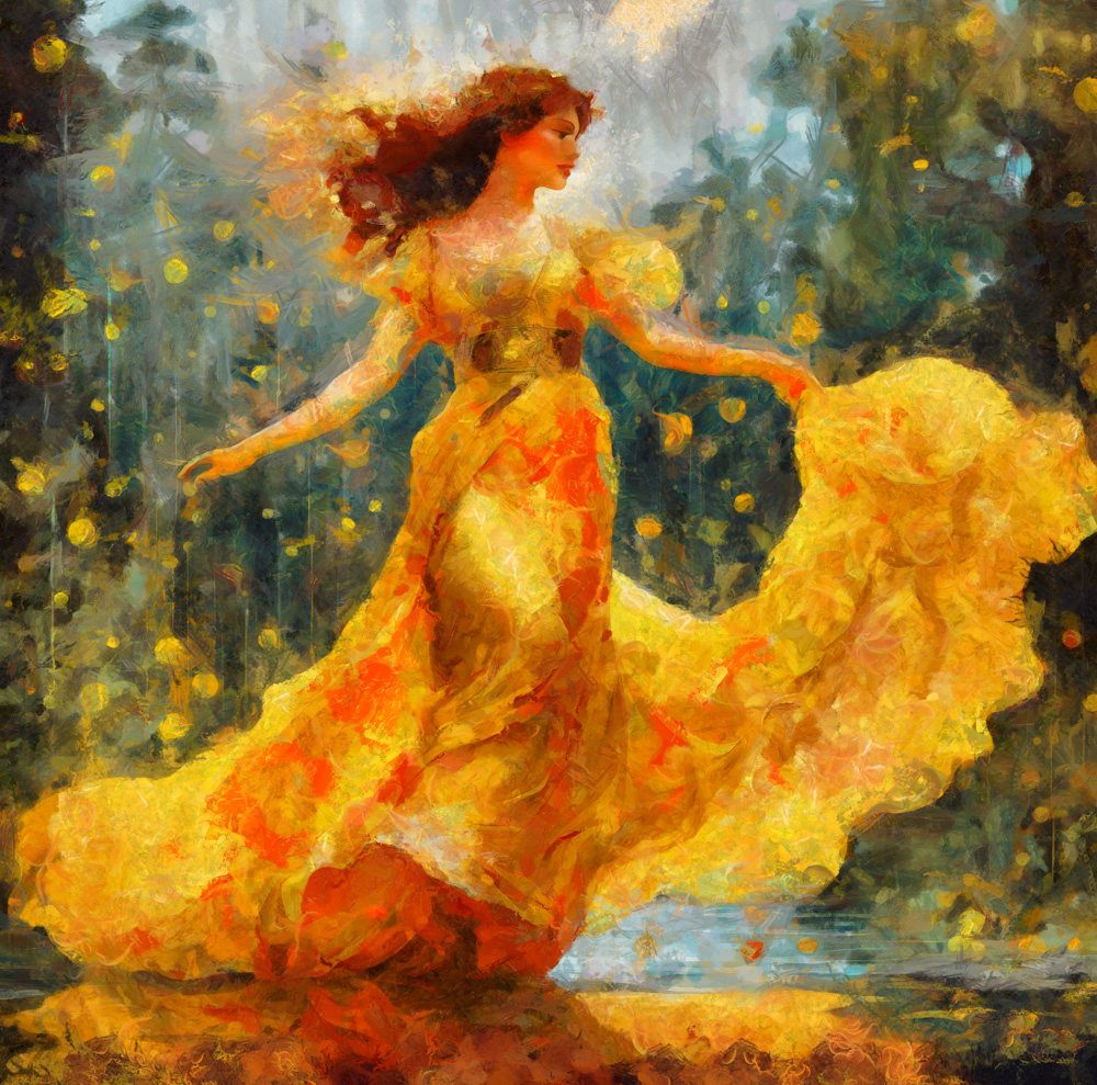 Golden Goddess Dancing in Rain Radiant Woman in Flowing Yellow Dress