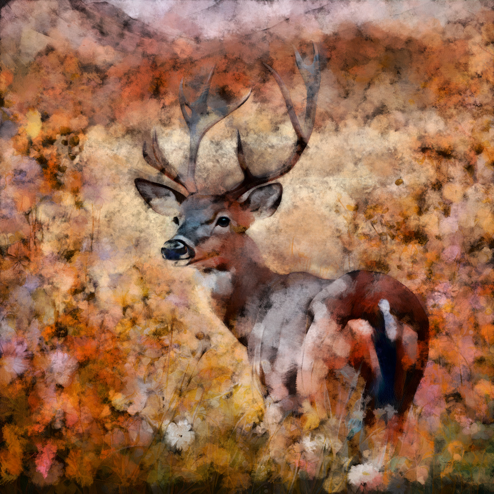 Majestic Young Deer in Wildflower Meadow Nature Wildlife Painting
