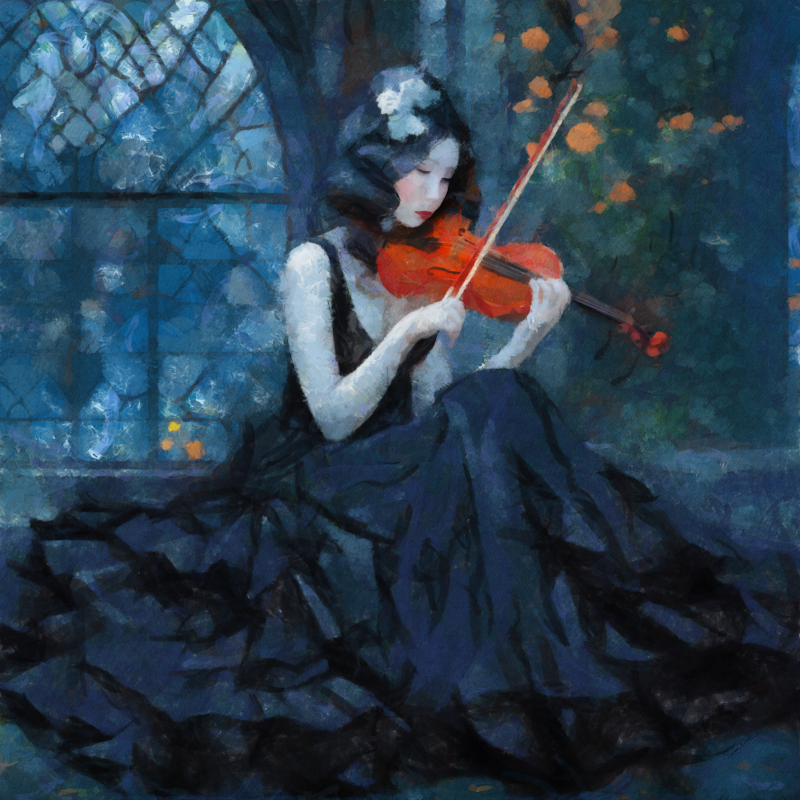Gothic Violinist in Moonlit Garden Dark Fantasy Elegant Art